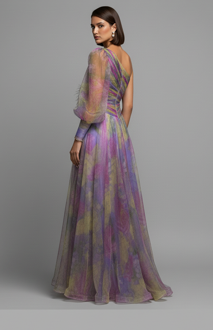 Marie – Eén-schouder bloemen tulle jurk