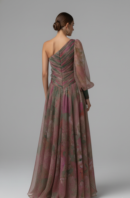 Marie – Eén-schouder bloemen tulle jurk