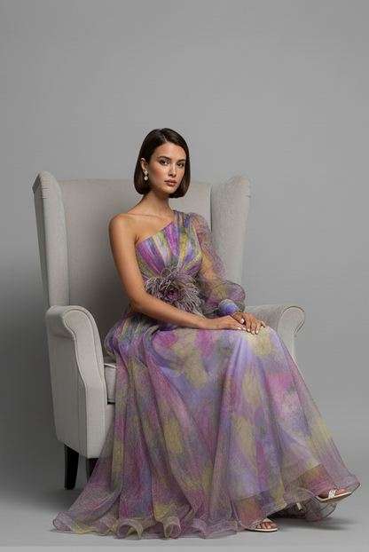 Marie – Eén-schouder bloemen tulle jurk