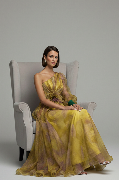 Marie – Eén-schouder bloemen tulle jurk