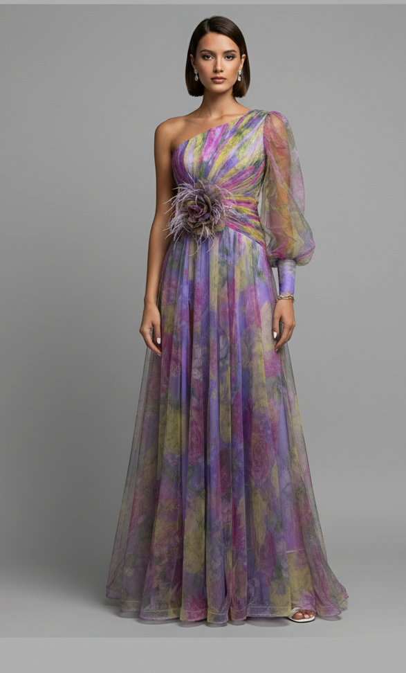 Marie – Eén-schouder bloemen tulle jurk