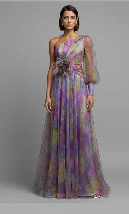 Marie – Eén-schouder bloemen tulle jurk