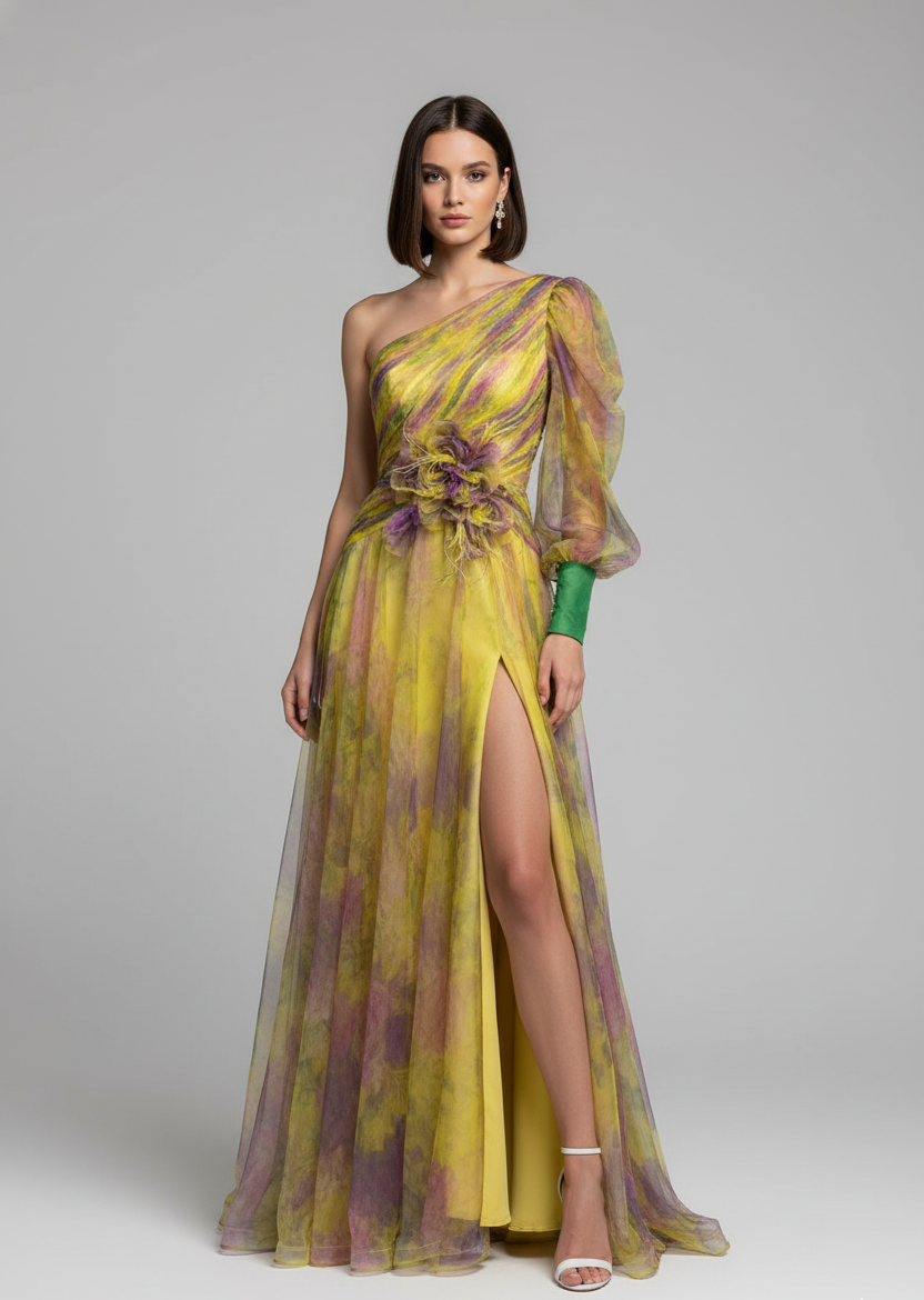 Marie – Eén-schouder bloemen tulle jurk