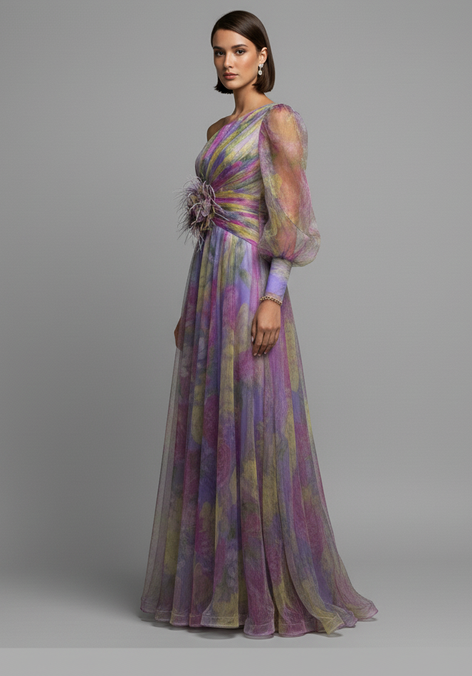 Marie – Eén-schouder bloemen tulle jurk