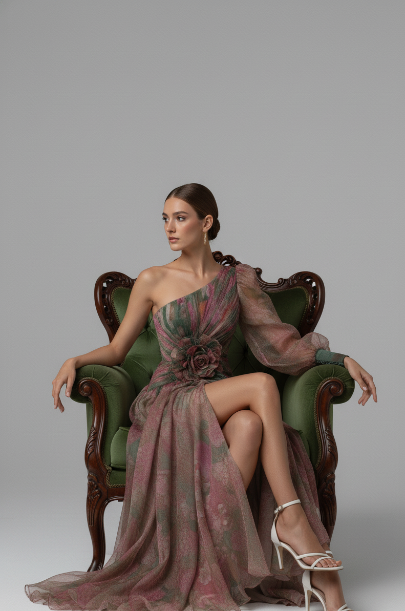 Marie – Eén-schouder bloemen tulle jurk