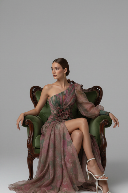 Marie – Eén-schouder bloemen tulle jurk