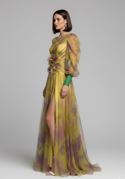 Marie – Eén-schouder bloemen tulle jurk